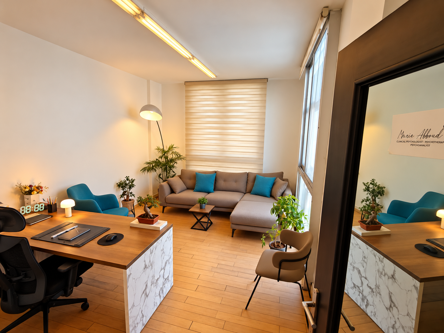 Horsh Tabet consulting room with sofa and blue armchair